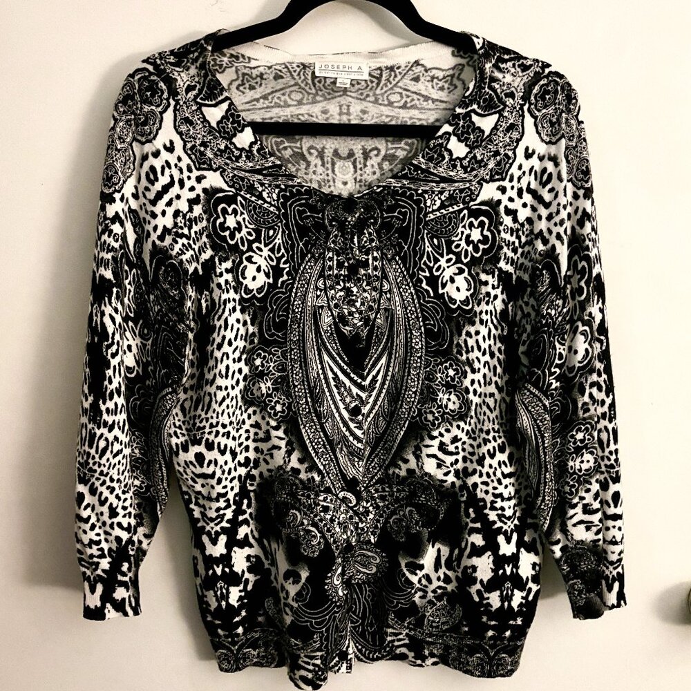 Joseph A Womens Cardigan Leopard Paisley Black & White